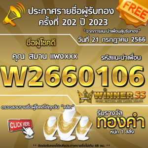 ประกาศรายชื่อผู้โชคดี คุณ สมาน แพงxxx ได้รับทองคำหนัก 1 สลึง ประจำวันที่ 21 กรกฏาคม 2566